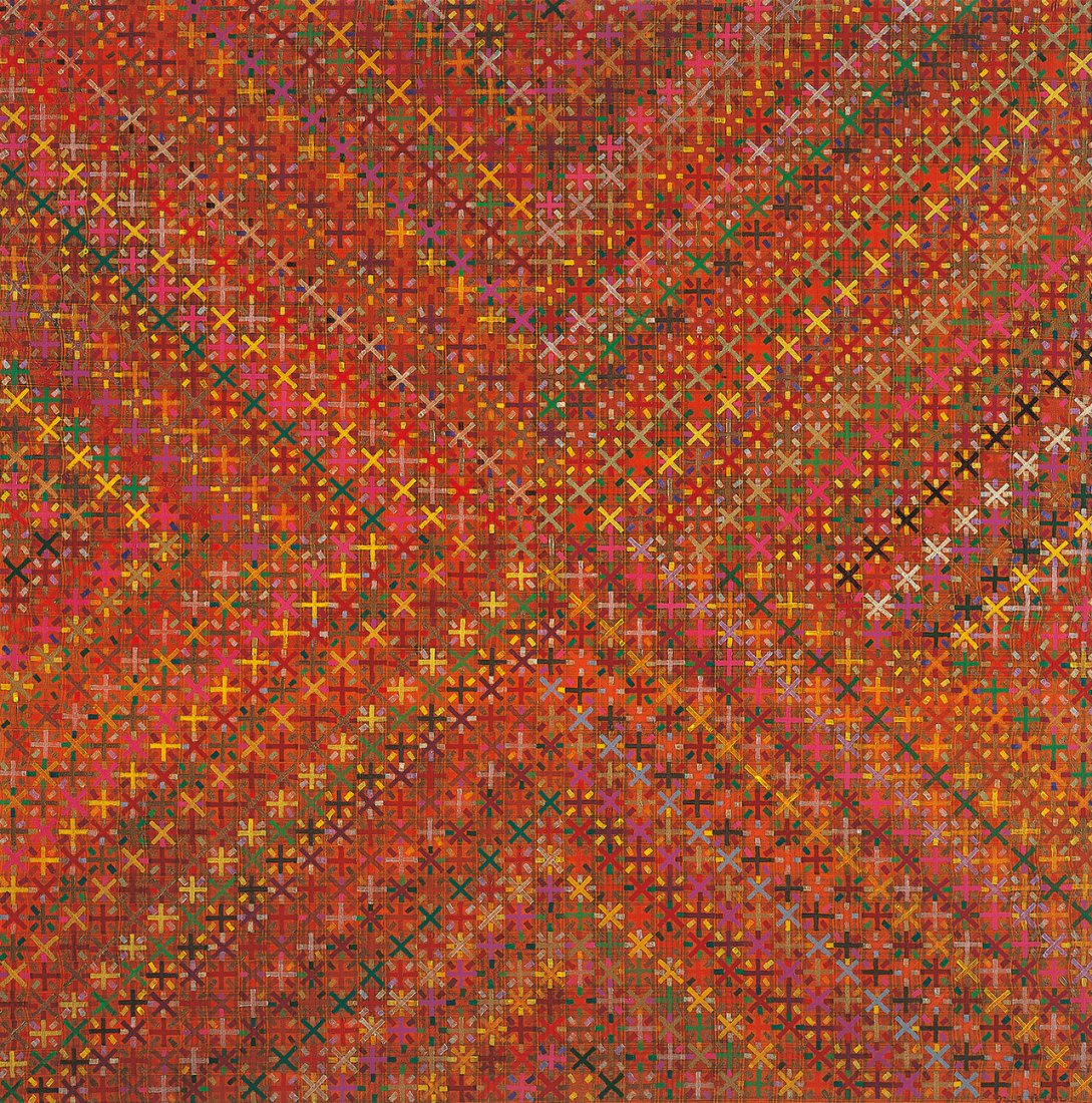 DING Yi (Chinese, b. 1962): Appearance of Crosses 2002-12002Acrylic on tartan140 x140 cmEXHIBITED: Ding Yi: What's Left to Appear, Long Museum (West Bund), Shanghai, June 6 - July 26, 2015