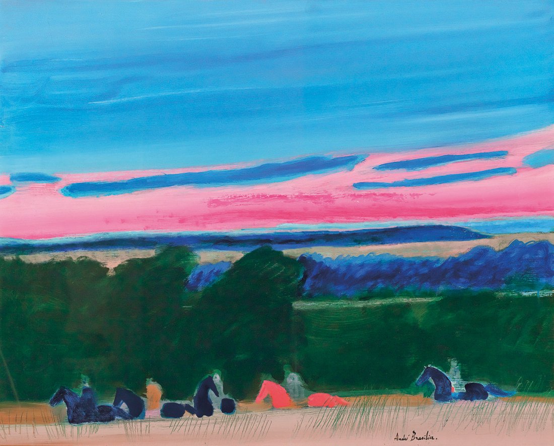 André BRASILIER (French, b. 1929): Le retour des cavaliers1998Oil on canvas81 x 100 cmSigned lower right André Brasilier in FrenchInitialed on the reverse A.B., titled Le retour des cavaliers in French and dated 1998PROVENANCE:Previou