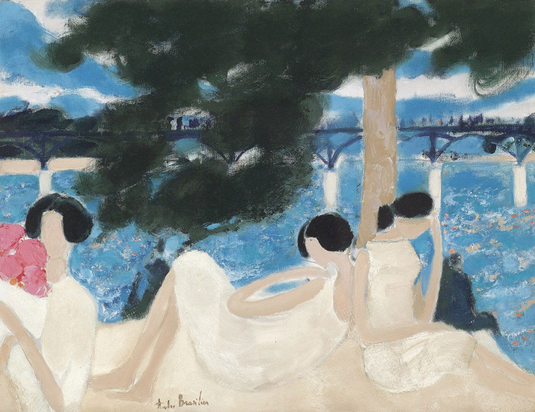 André BRASILIER (French, b. 1929): Trois Jeunes femmes sous l'arbrec. 1960Oil on canvas 50 x 65 cmSigned lower left André Brasilier in FrenchTitled on the reverse 3 Jeunes femmes sous l'arbre in French