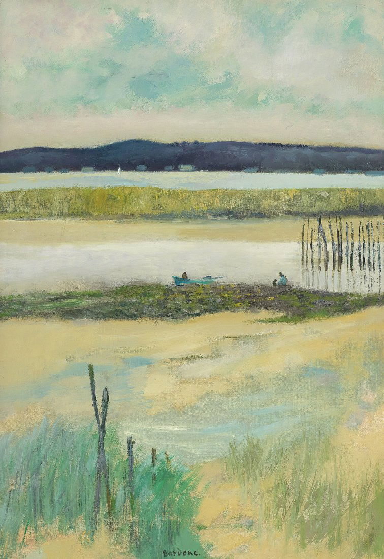 Guy BARDONE (French, b. 1927): L'Iot Découvert Arcachon1990Oil on canvas73 x 50 cmSigned lower center Bardone in FrenchSigned on the reverse of wooden frame Bardone in French, titled L'ILOT DÉCOUVERTE ARCACHON in French, inscribe