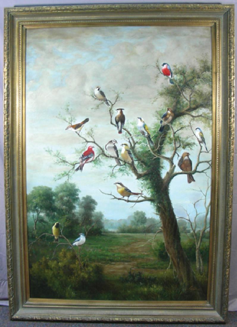 VERY LARGE ORIGINAL OIL ON CANVAS: BIRDS: An old tree supports many colorful perched birds. Signed Sonja. Overall 7' x 5'.