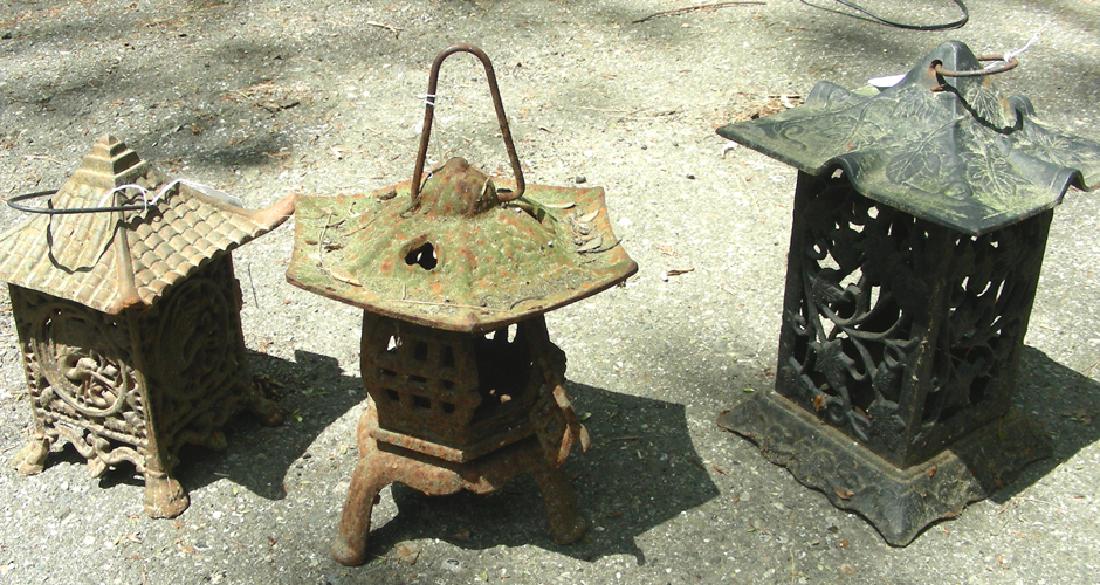 THREE ANTIQUE HEAVY CAST IRON LANTERNS (1 of 1)