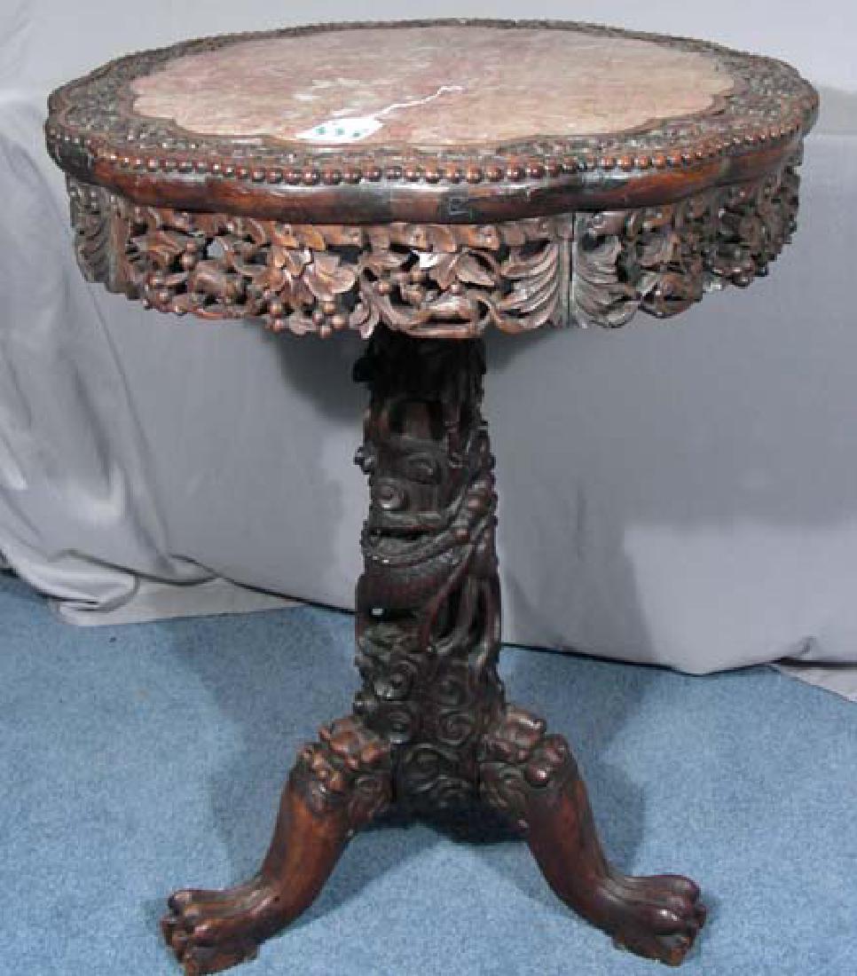 ANTIQUE HAND CARVED CHINESE WOODEN TABLE WITH MARBLE (1 of 4)