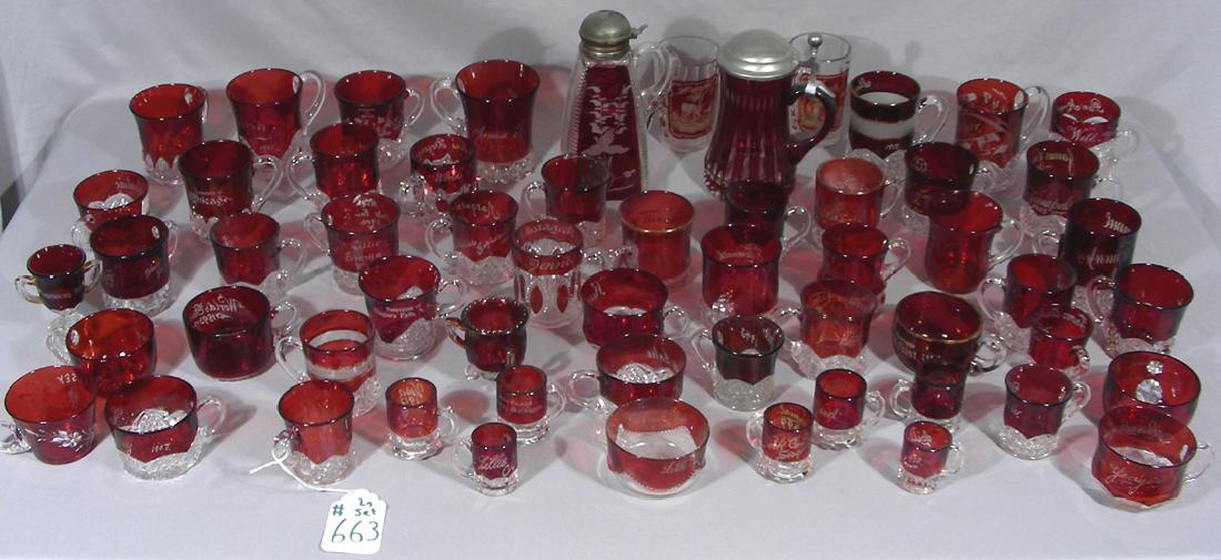 LARGE SET OF ANTIQUE RUBY FLASH GLASS CUPS WITH HANDLES (1 of 2)