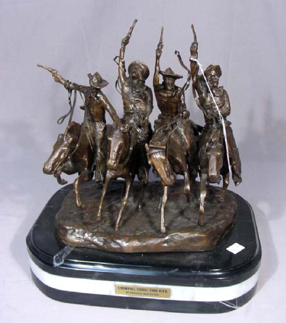 DESK SIZE BRONZE SCULPTURE "COMING THRU THE RYE": After Frederic Remington. Fine detail. Brown patina. Signed. Thick marble base. 15" high, 13" wide, 10" deep.