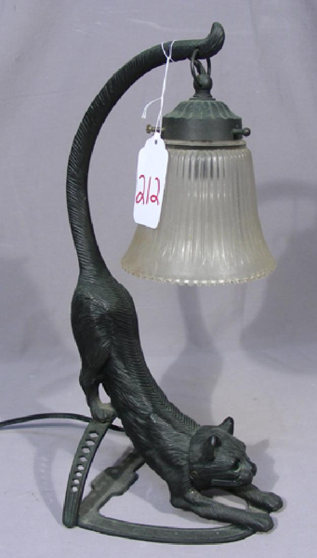 VINTAGE CAST IRON AND GLASS CAT TABLE LAMP