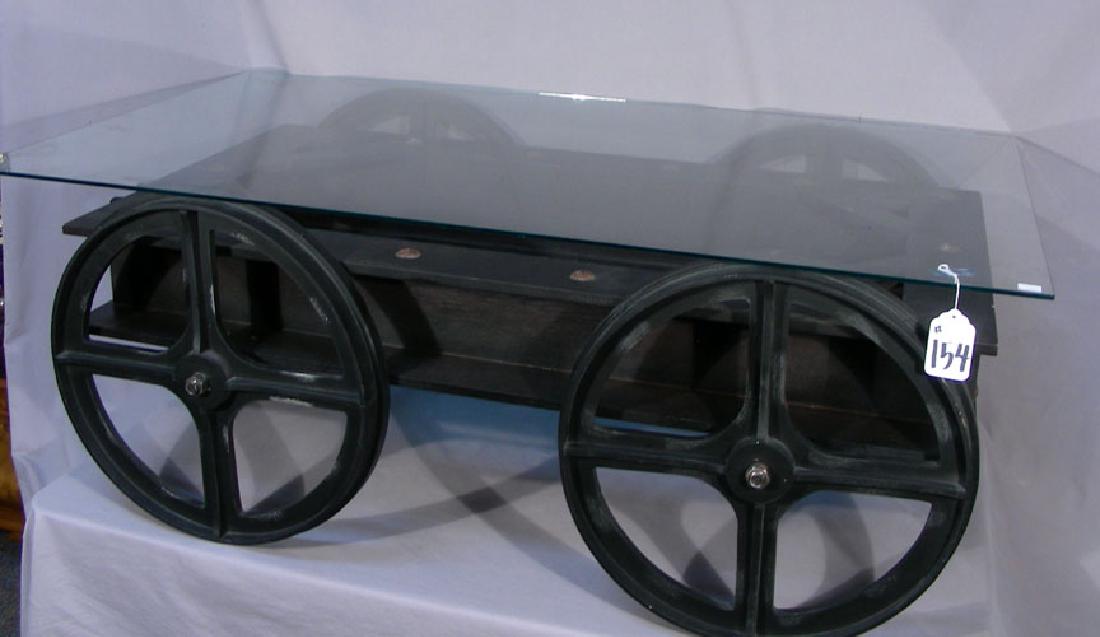 VERY UNUSUAL WAGON MOTIF COFFEE TABLE WITH GLASS TOP (1 of 1)