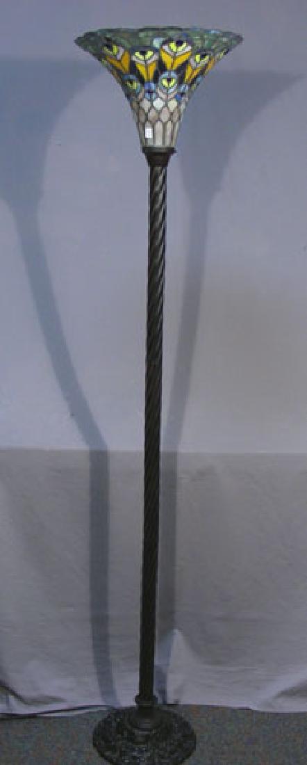 TALL METAL AND LEADED GLASS PEACOCK TORCHERE FLOOR LAMP (1 of 1)