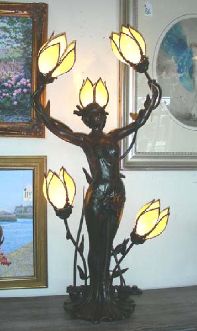 HEAVY HAND PAINTED FIGURAL LAMP WITH SLAG GLASS SHADES. (1 of 1)