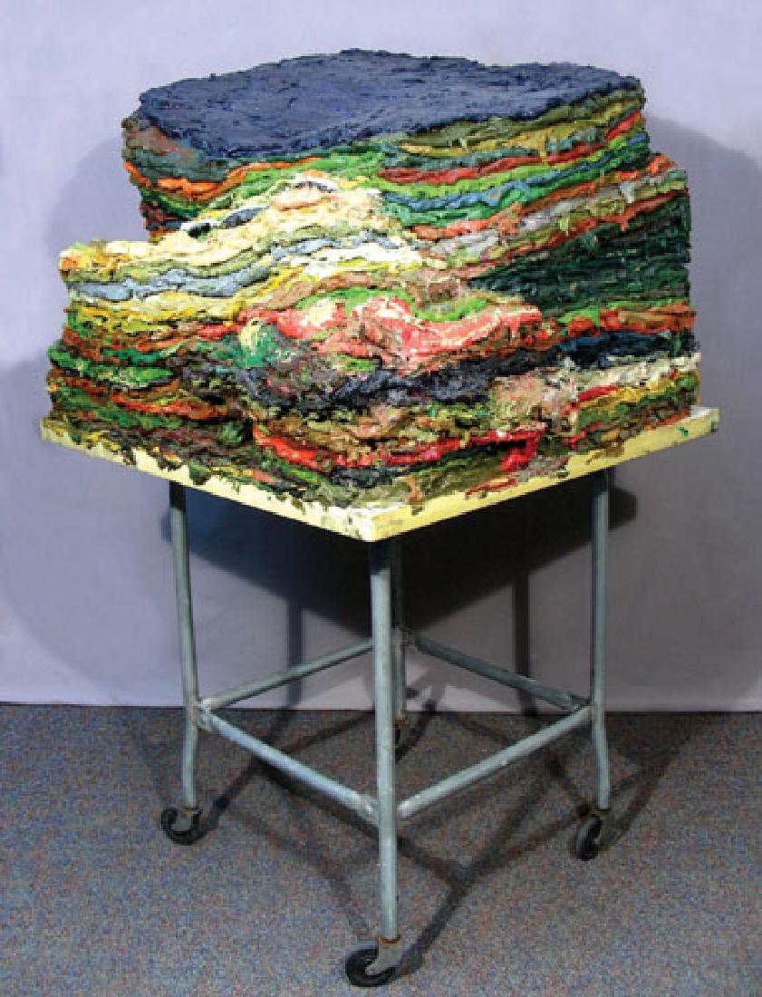 SCOTT RICHTER (1943- ) AMERICAN: Original modern layered paint sculpture on palette table "Spanking the Monkey". Circa 1993. 55" high.