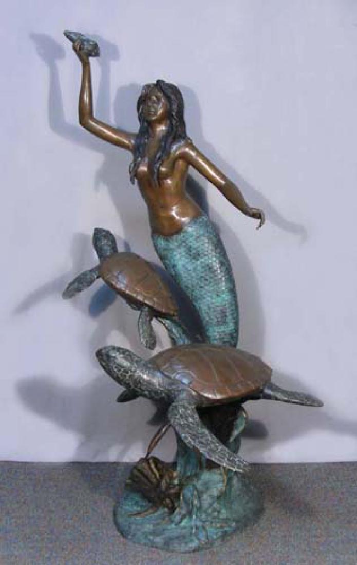 LIFE SIZE BRONZE SCULPTURE/FOUNTAIN OF MERMAID WITH SEA: Mermaid holds a shell while two large sea turtles swim beside her. Excellent detail. Water emerges from turtle's mouths and shell in mermaids hand when used as a fountain. 65 1/2" high.