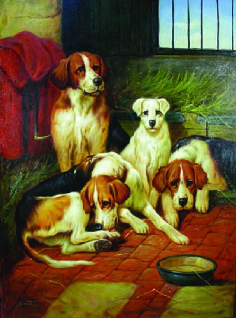 ORIGINAL OIL ON CANVAS OF FOUR DOGS (1 of 2)