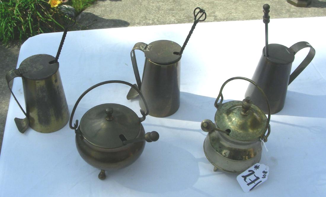 FIVE ANTIQUE BRASS FIRE STARTERS