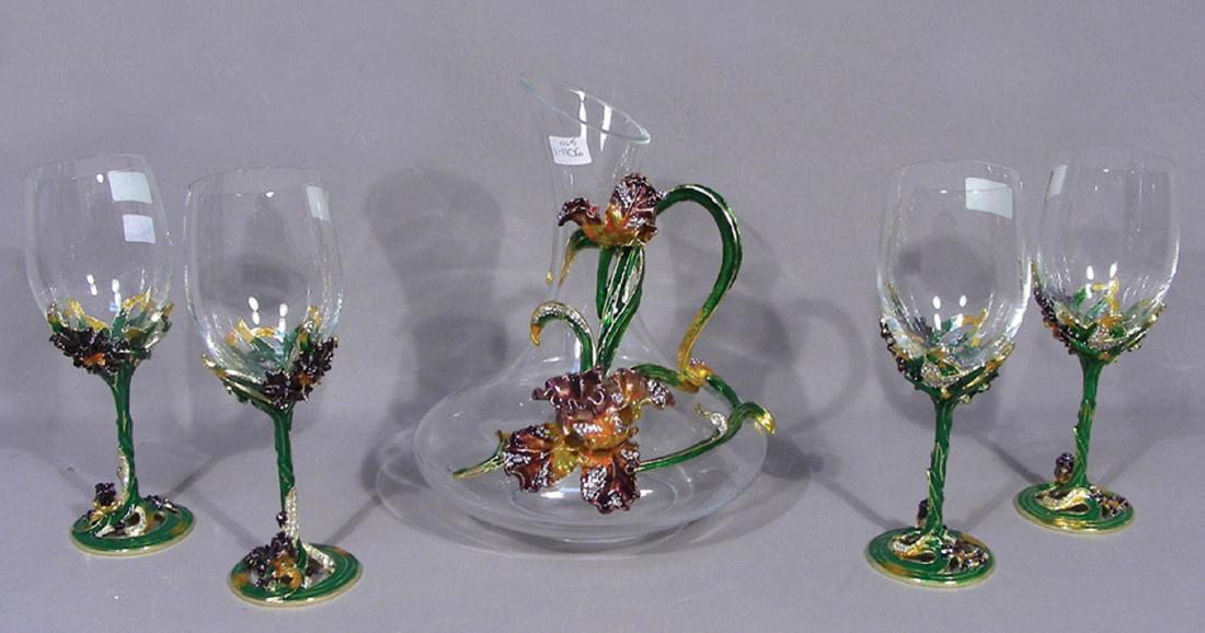 FABULOUS JAY STRONGWATER STYLE METAL, ENAMEL & CRYSTAL: A large decanter with applied metal, enamel and crystal floral decorations. Four matching wine glasse. Decanter 10 1/2" high. Please note that some of glass tops of glasses look off center.