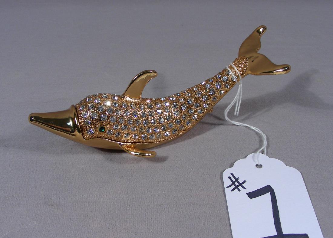 METAL AND RHINESTONE "DOLPHIN" TRINKET BOX: 6" long.