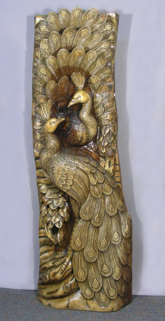 OUTSTANDING LARGE HAND CARVED TEAK SCULPTURE WITH TWO