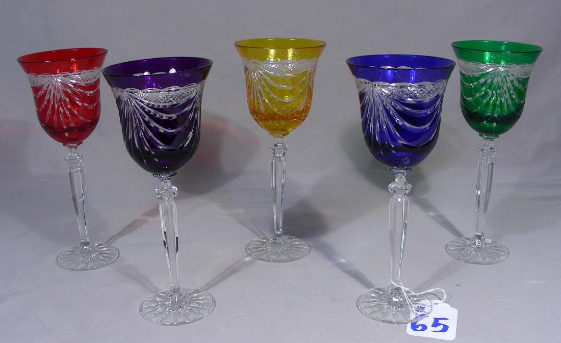 SET OF FIVE EUROPEAN GEMSTONE CRYSTAL WINE GLASSES: Drape pattern.