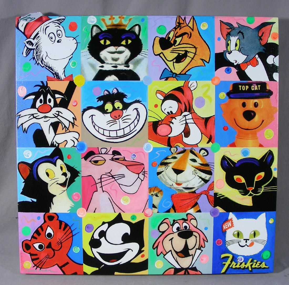 NELSON DE LA NUEZ (1959- ) CUBAN: Original Screen print mixed media on canvas "The Cats Meow". Circa 2006. Hand signed lower left and hand signed & titled on verso. Excellent condition. 28" sq.