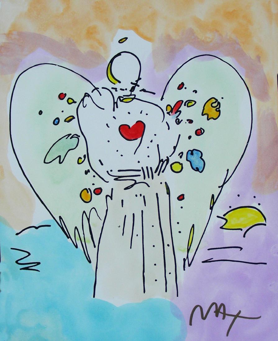 PETER MAX (1937- ) GERMAN: Original Mixed Media with hand water coloring on paper "Angel with a Heart". Hand signed. Image 15" x 11", Overall framed 30" x 26".