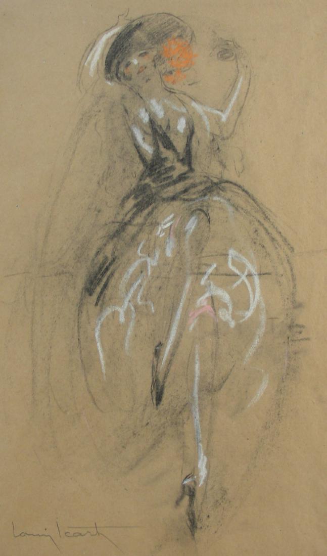 LOUIS ICART (1888-1950) FRENCH: Rare original charcoal & pastel drawing of dancing woman. Hand signed by Icart. Professionally framed. Overall 30 1/4" x 21 1/4".
