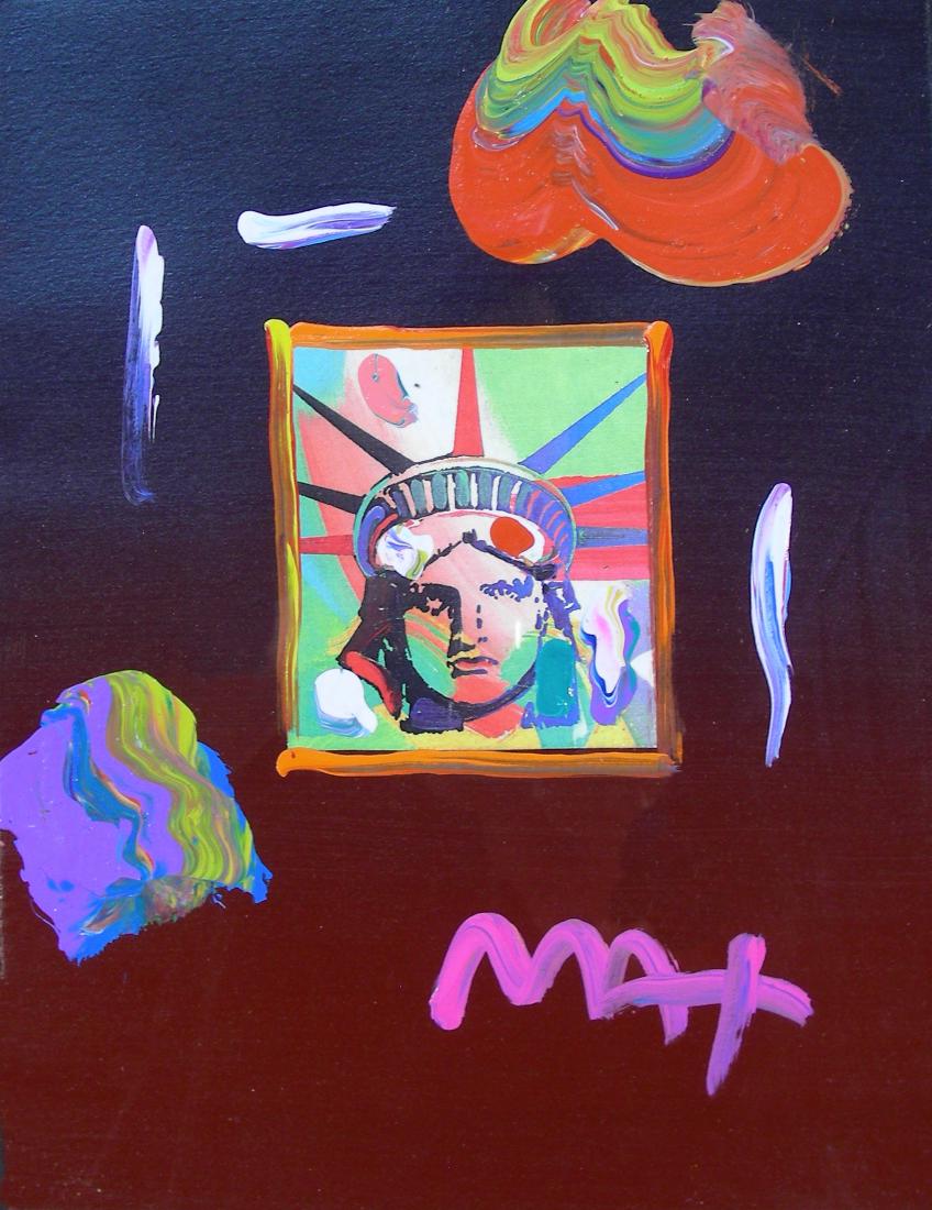 PETER MAX (1937- ) GERMAN: Original Mixed Media with acrylic on paper "Liberty Head II". Circa 2017. Catalog #385174. Peter Max stamp on verso with origianl certificate. Hand signed. Professionally framed. Image 11" x 8 1/2", O