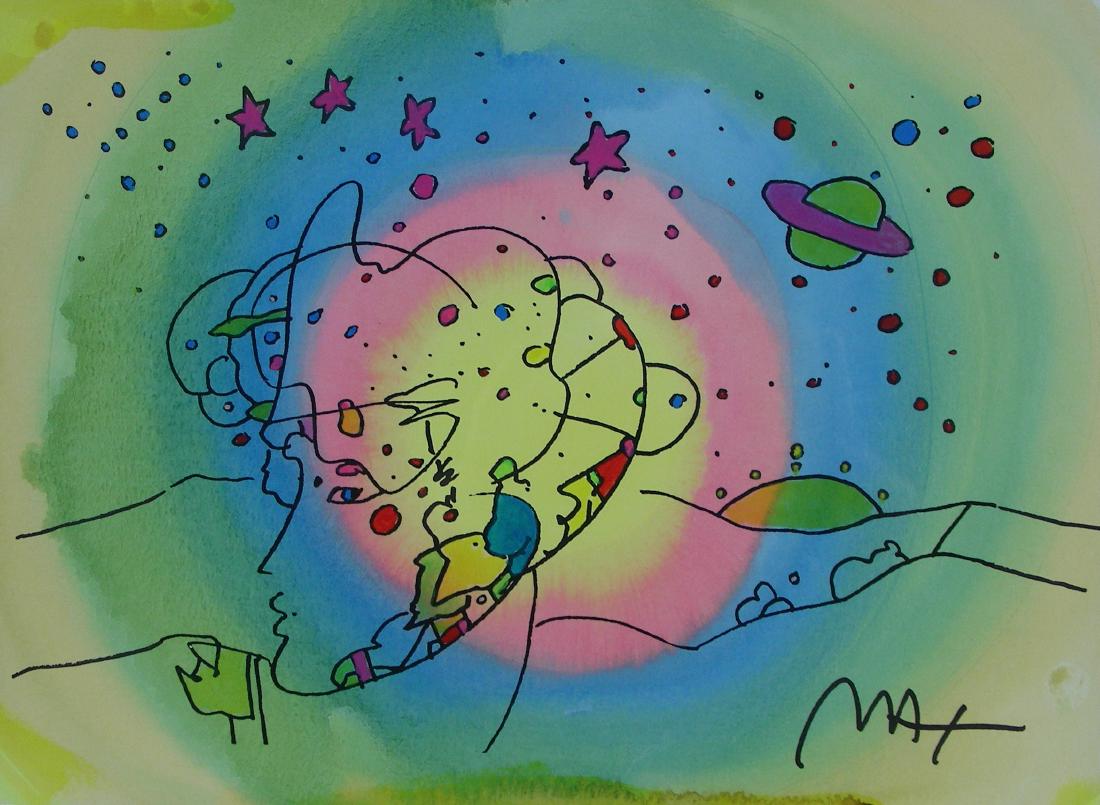 PETER MAX (1937- ) GERMAN: One of a kind work of art - Original Mixed Media on paper with Water Coloring "Cosmic Beauty". Hand signed by Max. Image 11" x 15", Overall framed 26" x 30".