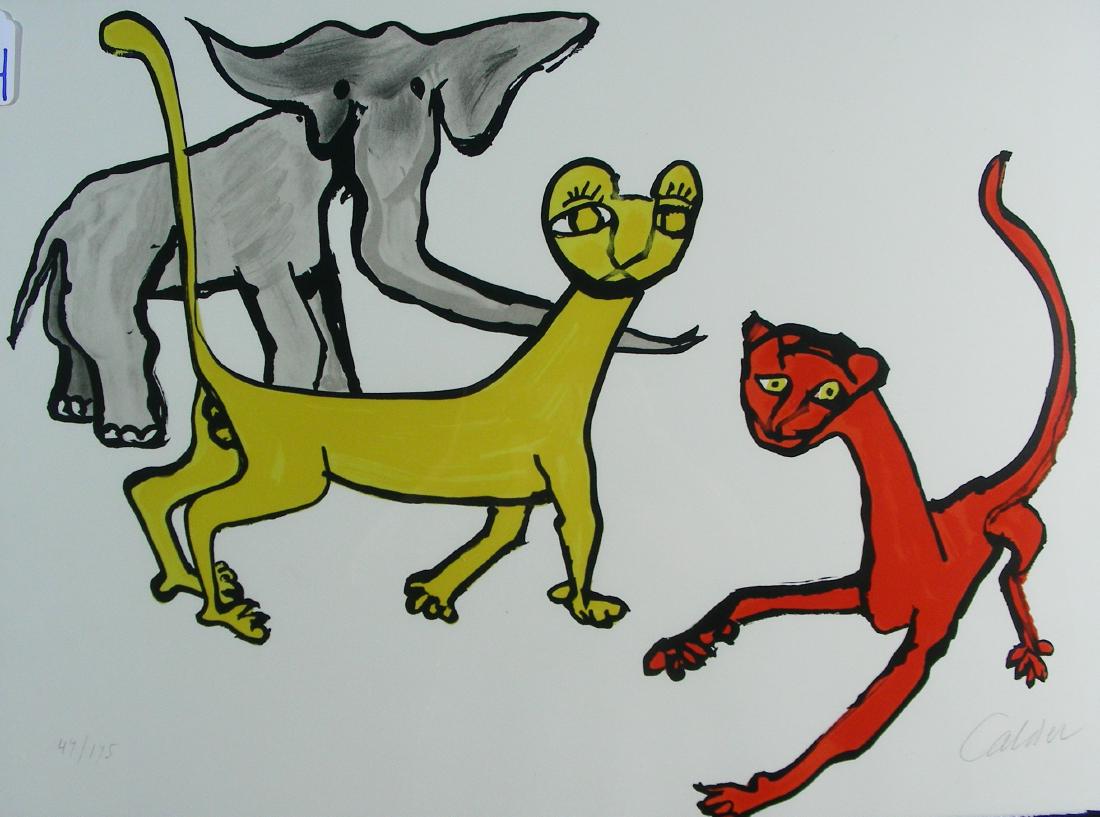 ALEXANDER CALDER (1898-1976) FRENCH: Rare Limited Edition Original Lithograph in colors on paper. Untitled (two cats & an elephant). From the"Our Unfinished Revolution" Suite. Excellent condition. Hand signed by Calder. Limited Edition 4