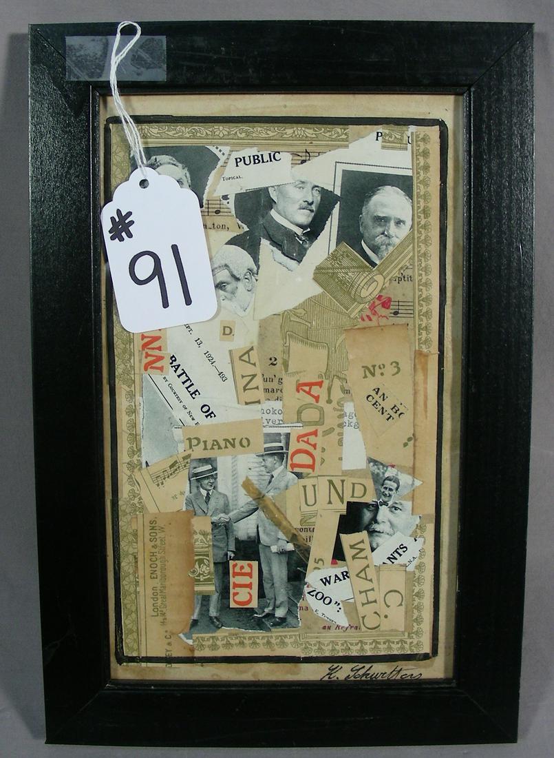 KURT SCHWITTERS (1887-1948) GERMAN: Original rare mixed media collage "Dada". Hand signed in ink by Schwitters. Image 10" x 6", Overall framed 13" x 8 3/4".