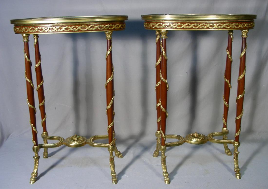 PAIR FRENCH SIDE TABLES WITH ORMOLU APPOINTMENTS &: Very high quality. Legs with hooved feet. Salmon, black & beige marble. 31" high, 22" wide, 13 1/4" deep.