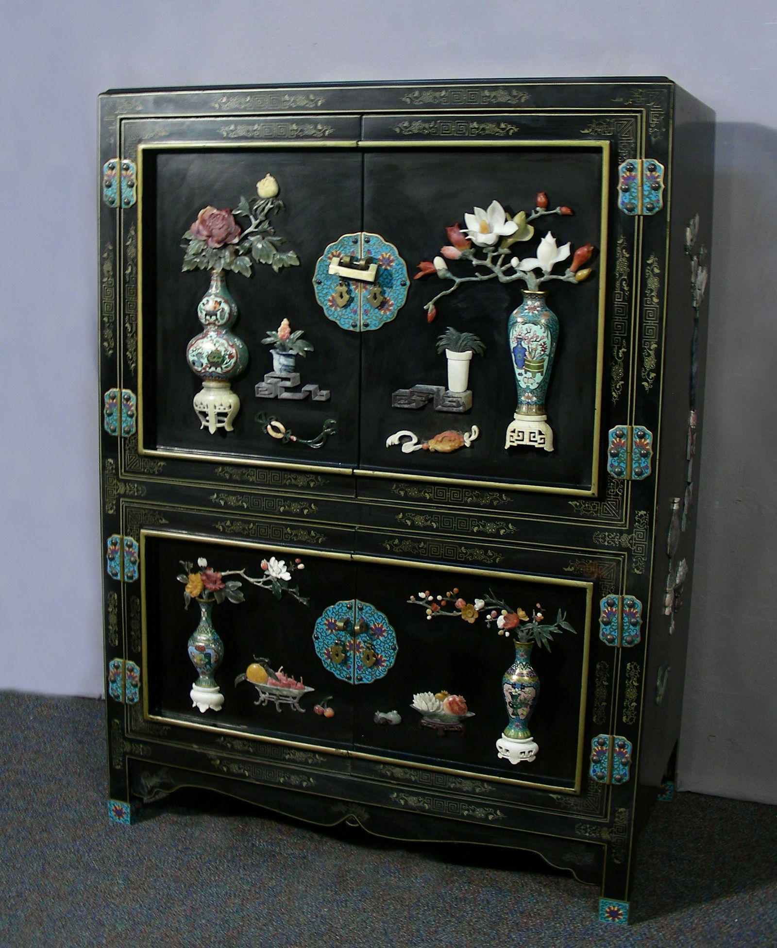 Vintage Chinese Black Lacquer Cabinet With Hardstone Aug 24