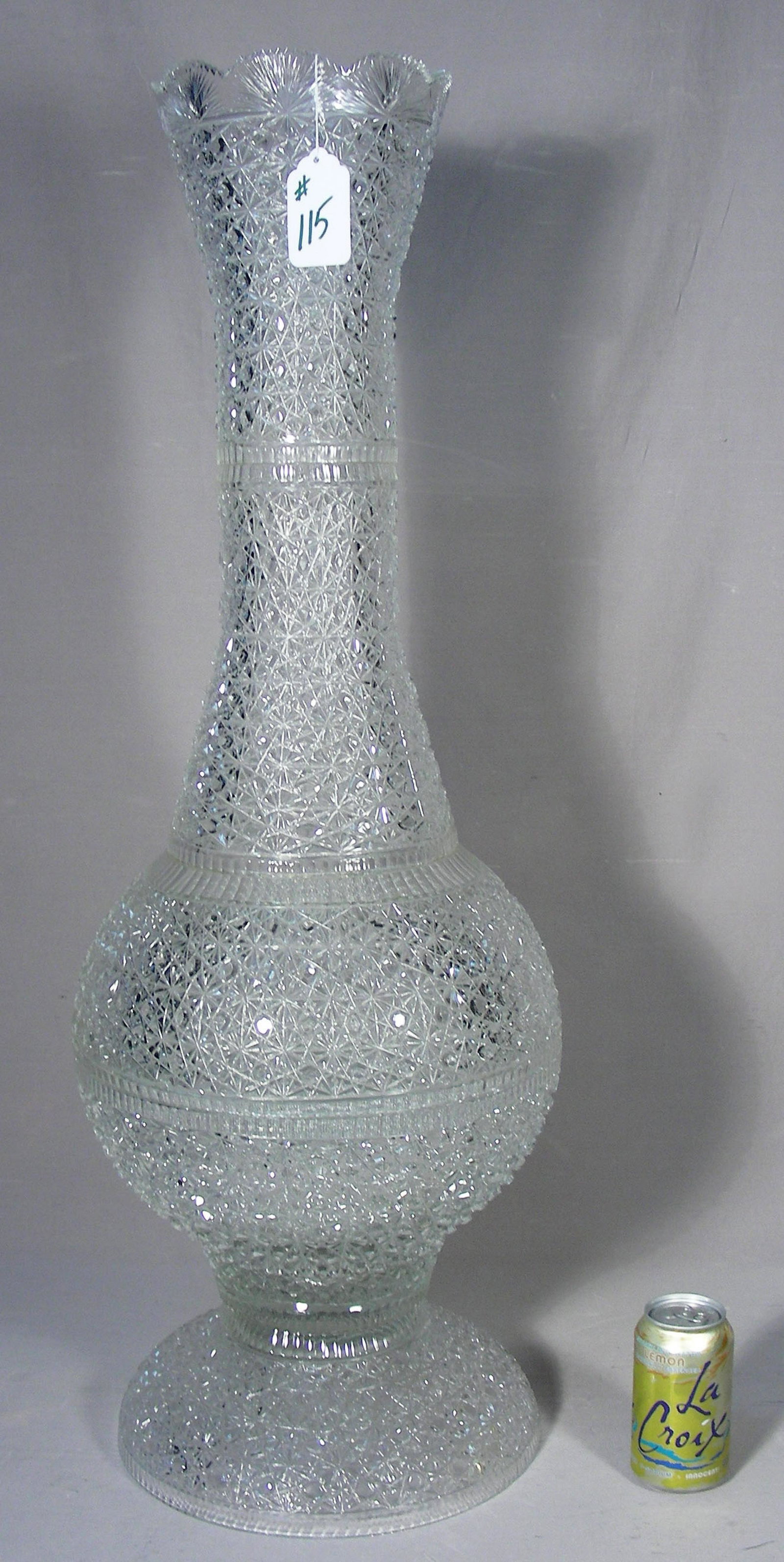 VINTAGE RUSSIAN STONE CUT CRYSTAL FLOOR VASE: Scalloped rim. Very good condition. 36" high.