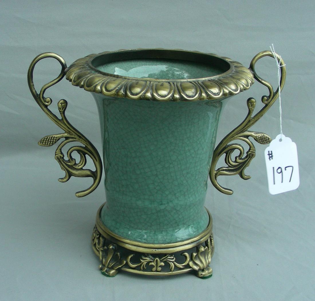 BRONZE & CELEDON PORCELAIN PLANTER: Bronze ormolu appointments. Crackle glaze finish. 10" high, 11 1/2" wide.