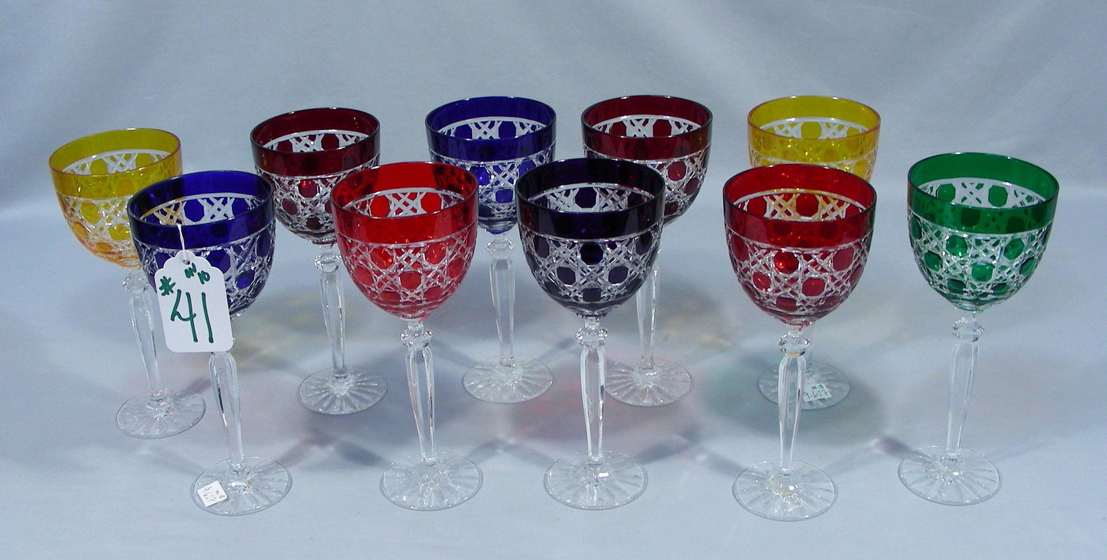 SET OF TEN EUROPEAN GEMSTONE COLORED WINE GLASSES: Excellent condition.