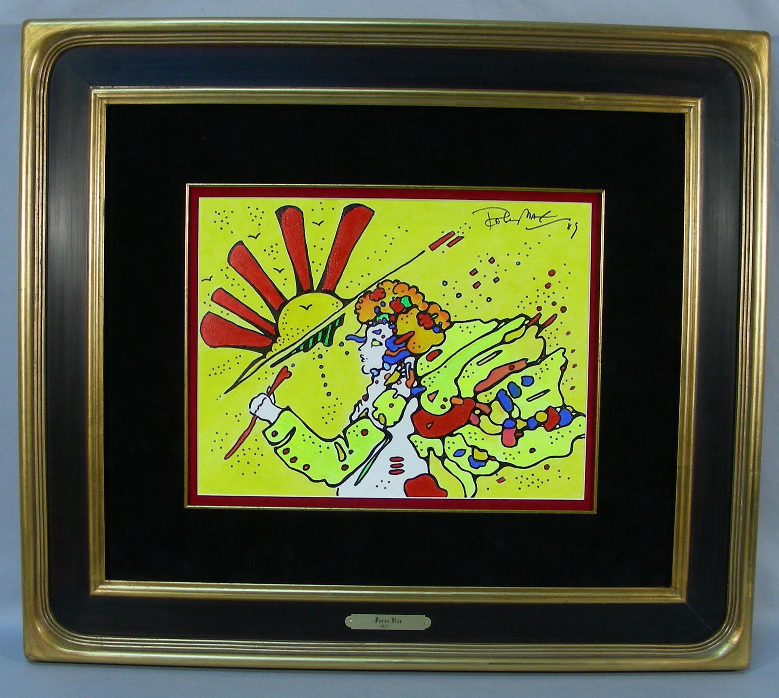 PETER MAX (1937- ) GERMAN: Very rare original work of art, acrylic on canvas. From the Peter Max series from 1972-1989. Hand signed & dated on front of canvas. Titled with serial number 12-7 on back. Image 12" x 16", Overall fr