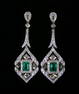 PAIR LADIES 18K Y.G., EMERALD & DIAMOND DANGLE EARRINGS