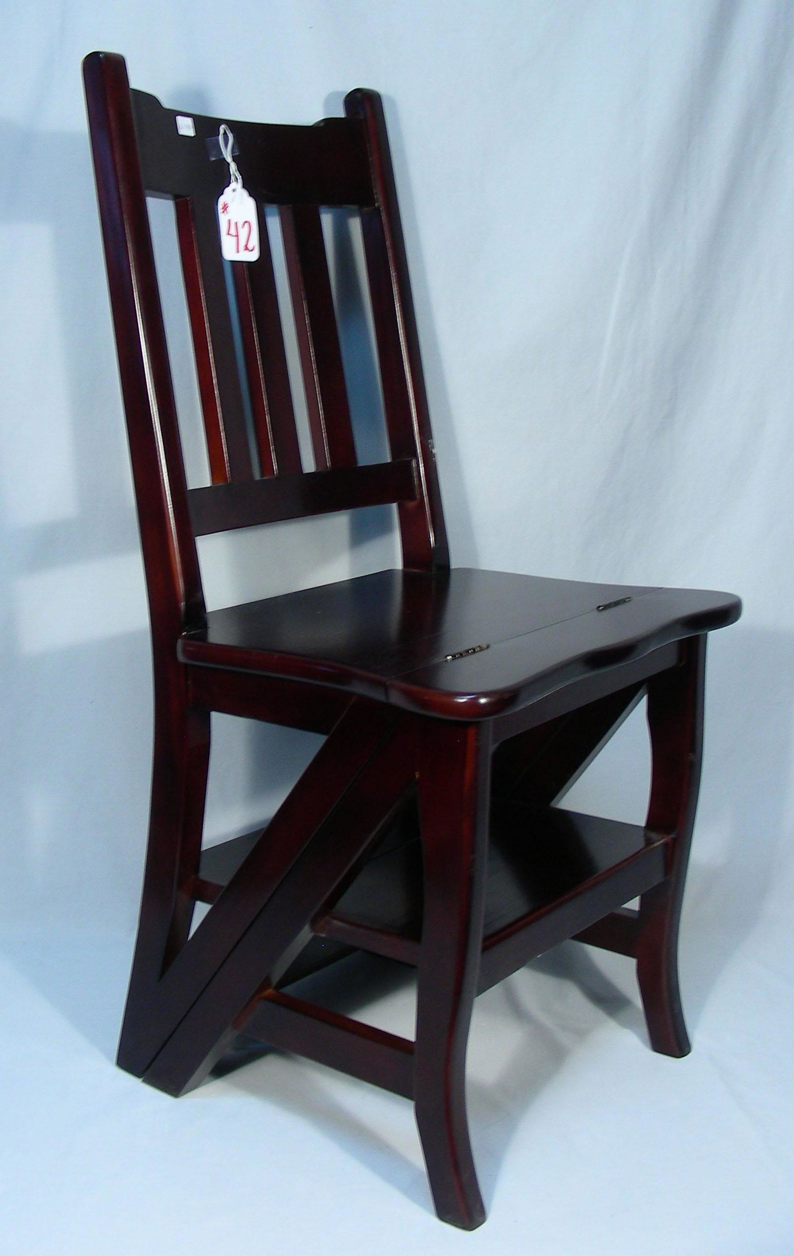 UNUSUAL MAHOGANY CHAIR WHICH CONVERTS TO STEP LADDER: Chair folds over to a 3 step ladder.
