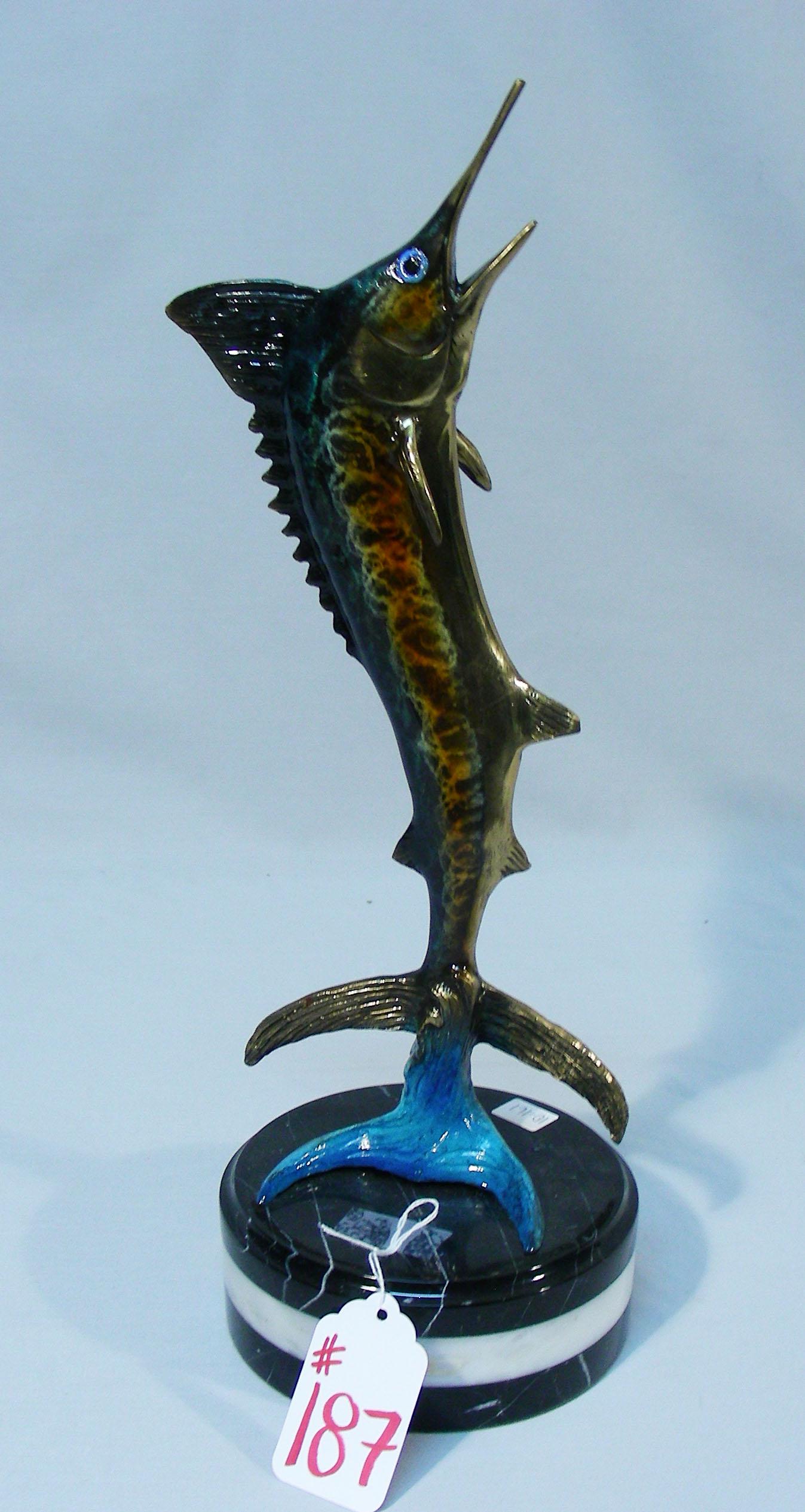 FINE BRONZE SCULPTURE OF SAILFISH: Multi colored patina. Marble base. Signed Valentini. 18" high.