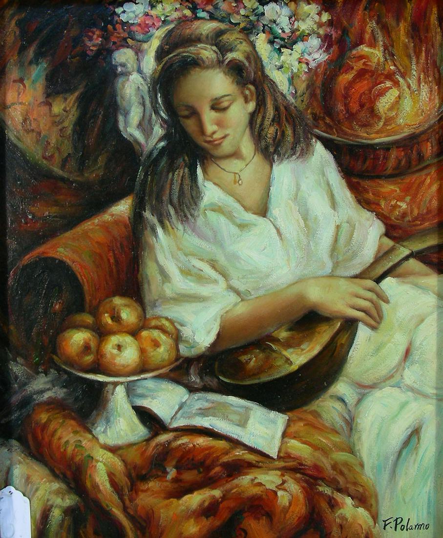 ROYO STYLE OIL ON CANVAS "WOMAN WITH FRUIT": A beautiful seated woman with musical instrument on her lap. Very fine detail. Signed F. Polarmo. Ornate frame. Overall 38" 32 1/2".