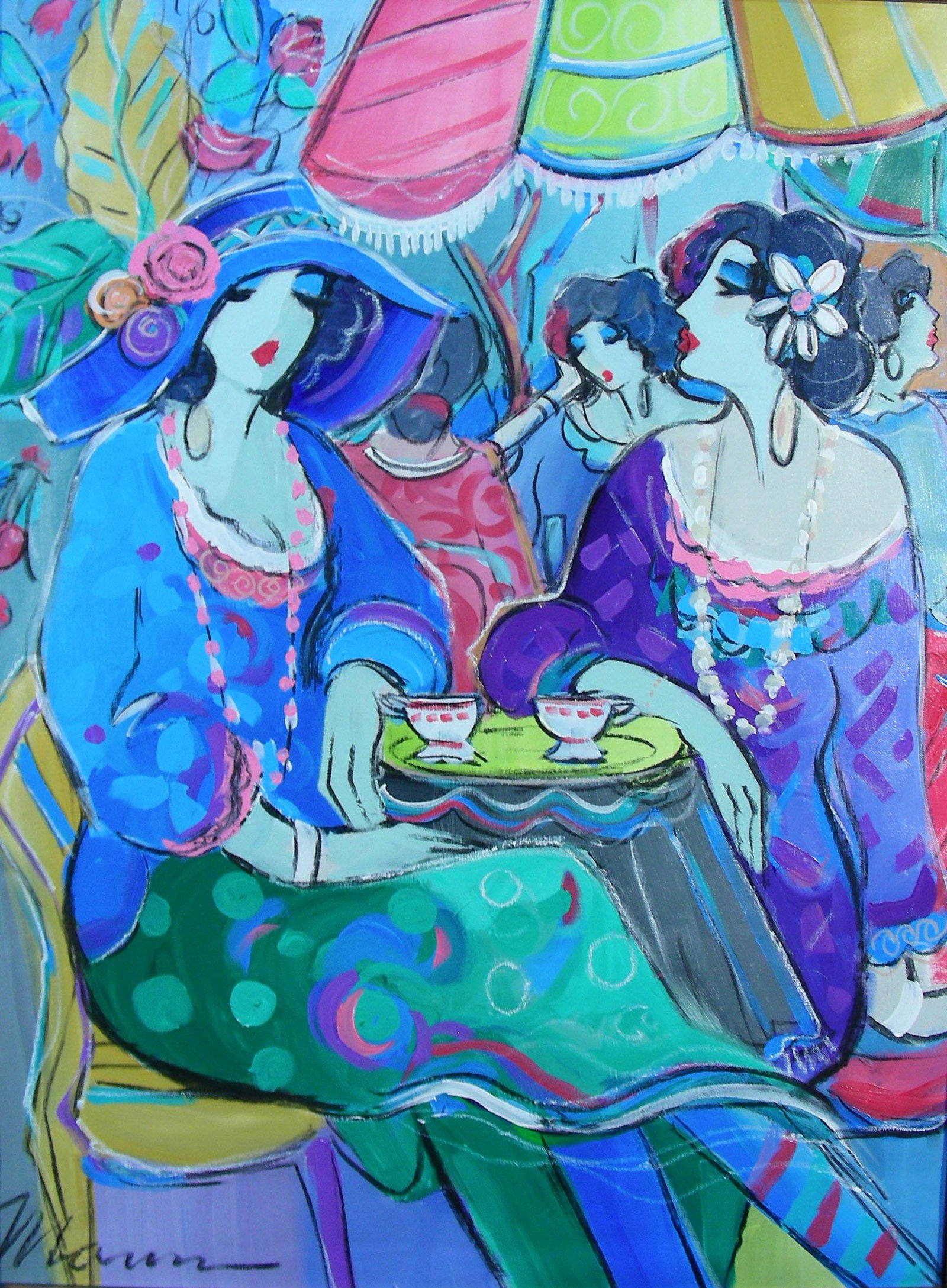 ISAAC MAIMON (1951- ) ISRAEL: Original Oil on Canvas "Three Women seated at CafÃ©". Hand signed, lower left. Overall framed 47" x 37 1/2".
