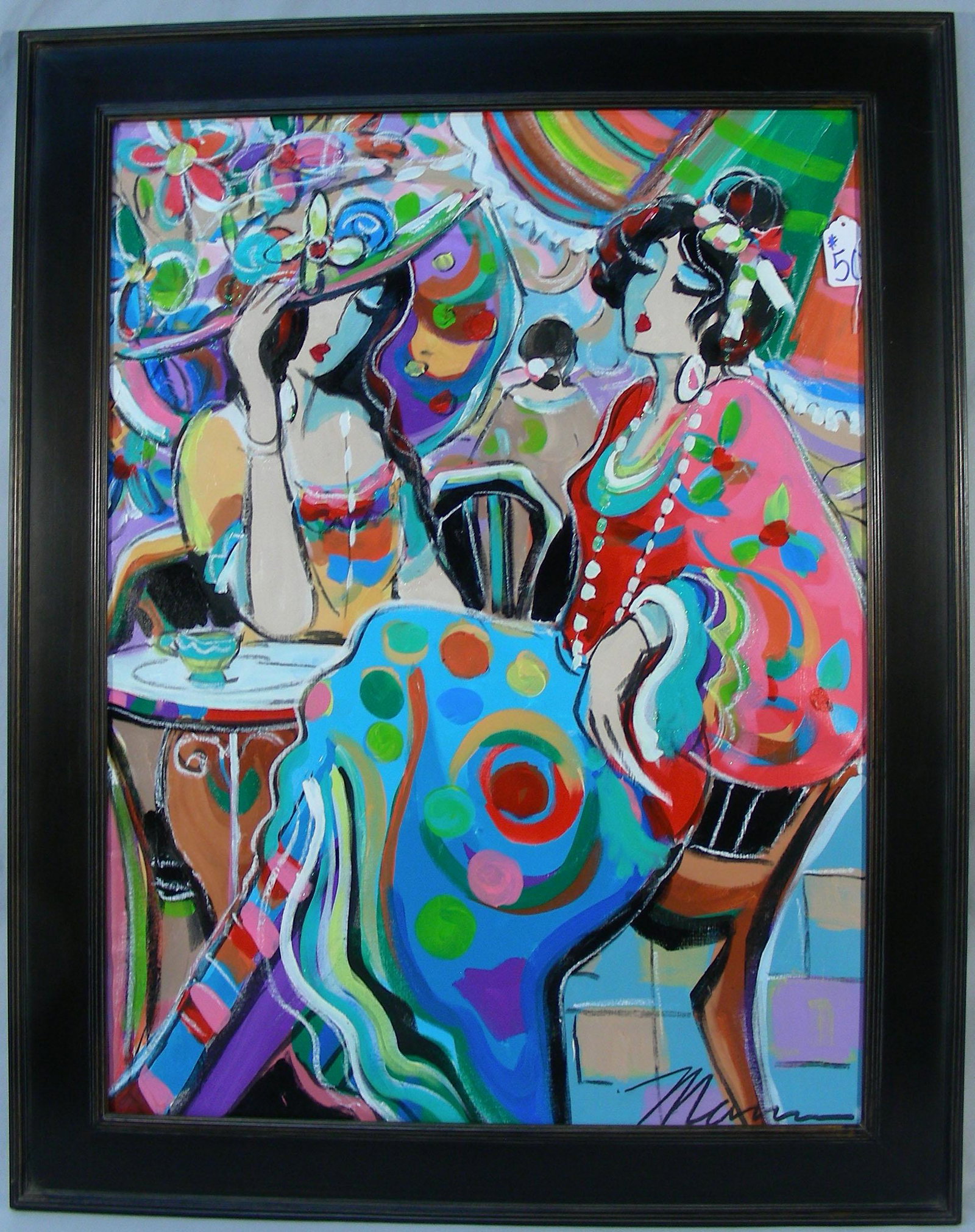 ISAAC MAIMON (1951- ) ISRAEL: Original Oil on Canvas "CafÃ© Scene". Hand signed. Image 40" x 30", Overall framed 47" x 37 1/4"