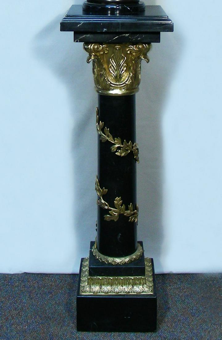 FRENCH MARBLE & BRONZE ORMOLU PEDESTAL: Black marble pedestal with bronze ormolu decorations. Very good condition. 46 1/2" high, 14" sq.