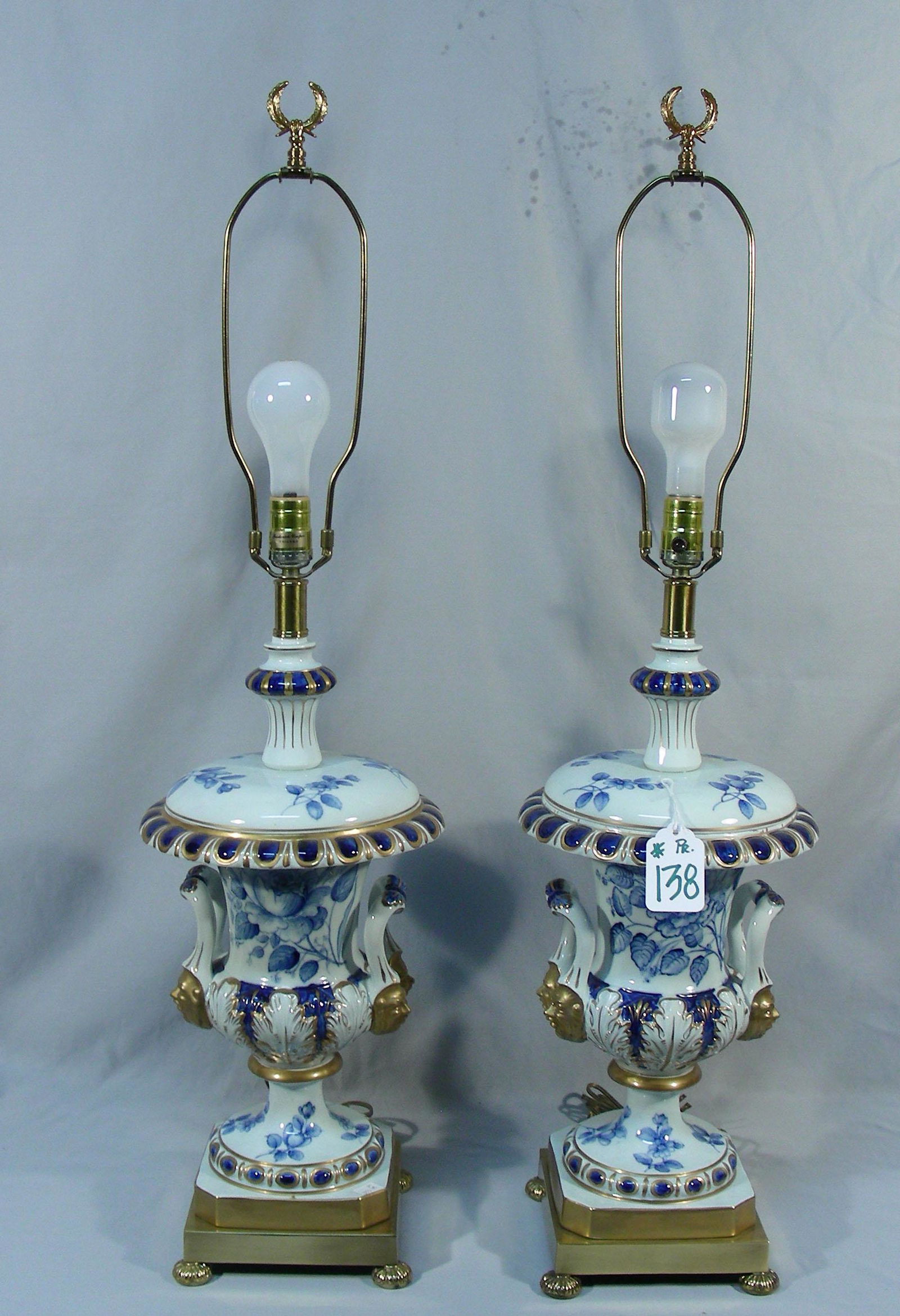 PAIR DESIGNER FREDERICK COOPER (CHICAGO) BLUE, WHITE &: Each with brass base. Original sticker. 38" high.