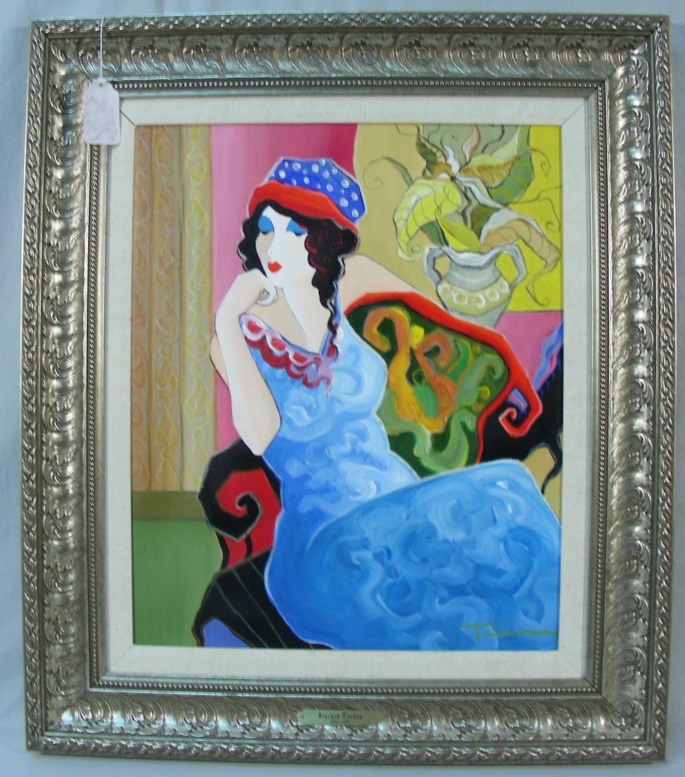 ITZCHAK TARKAY (1935-2012) YUGOSLAVIAN/HUNGARIAN: Rare original Oil on Canvas of seated woman. Exceptional colors. Hand signed lower right. Framed. Image 22" x 18", Overall 31" x 26 1/2"