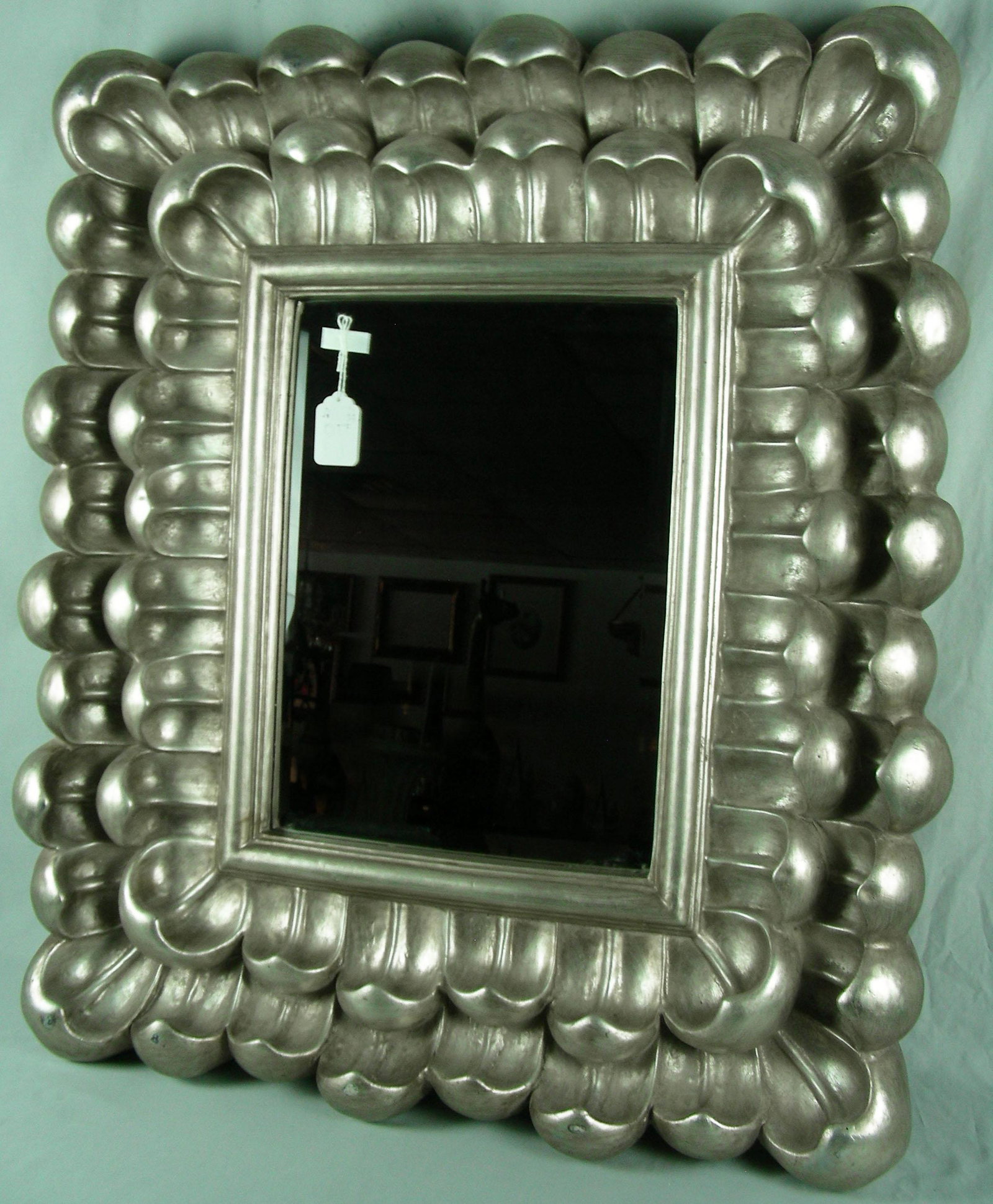 HAND PAINTED SILVER BEVELED GLASS MIRROR: Large modern thick frame. Overall 39" x 32 1/2" Note: Can be hung either way.