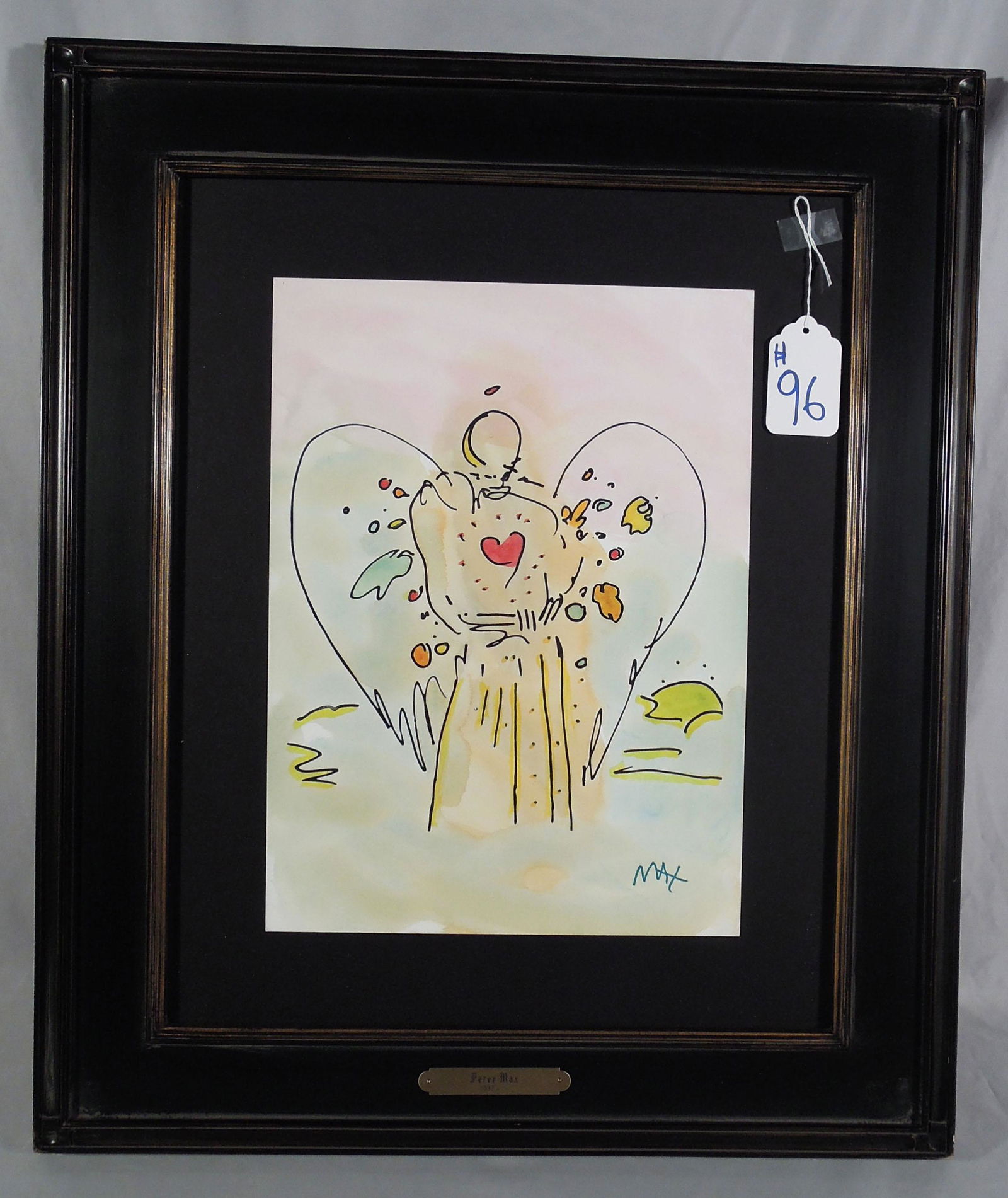 PETER MAX (1937- ) GERMAN: Rare unique Mixed Media with Watercolor on paper "Angel with a Heart". Rare one of a kind work of art. Hand signed by Max. Very good condition. Image 15" x 11", Overall framed 26" x 21 1/2".