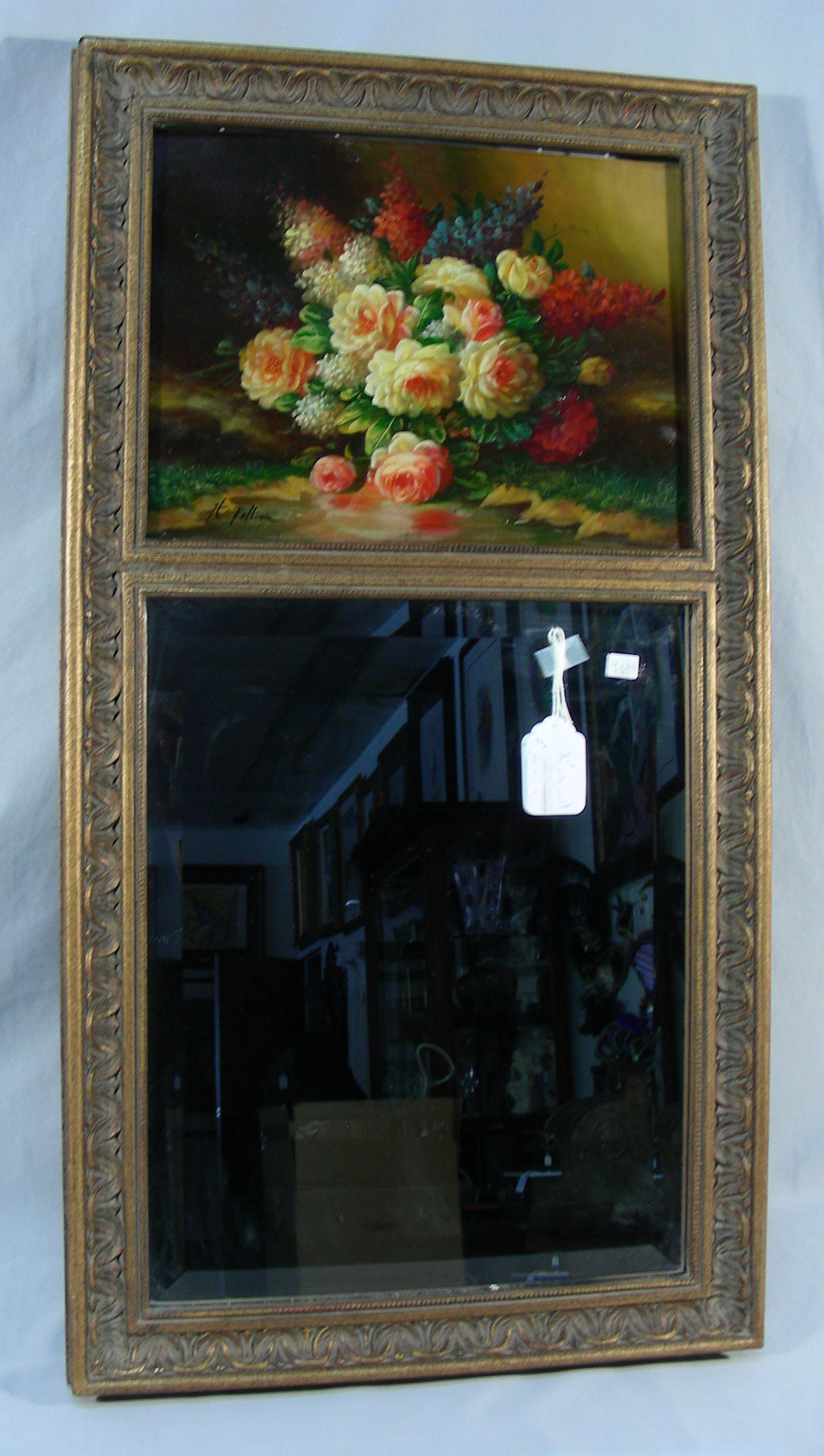 HAND PAINTED AND BEVELED GLASS TRUMEAU: Ornate gilt frame supports a lower beveled glass mirror. Upper portion with hand painted floral oil on board. Signed H. Pollier. Overall 37" x 20".