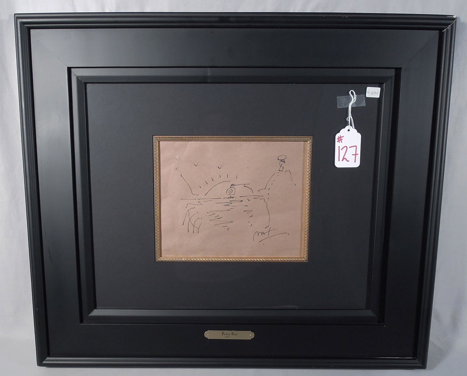 PETER MAX (1937- ) GERMAN: Rare original work onfart - marker on brown paper "Sunset Sail". Hand signed. Overall framed 24" x 28 1/4".