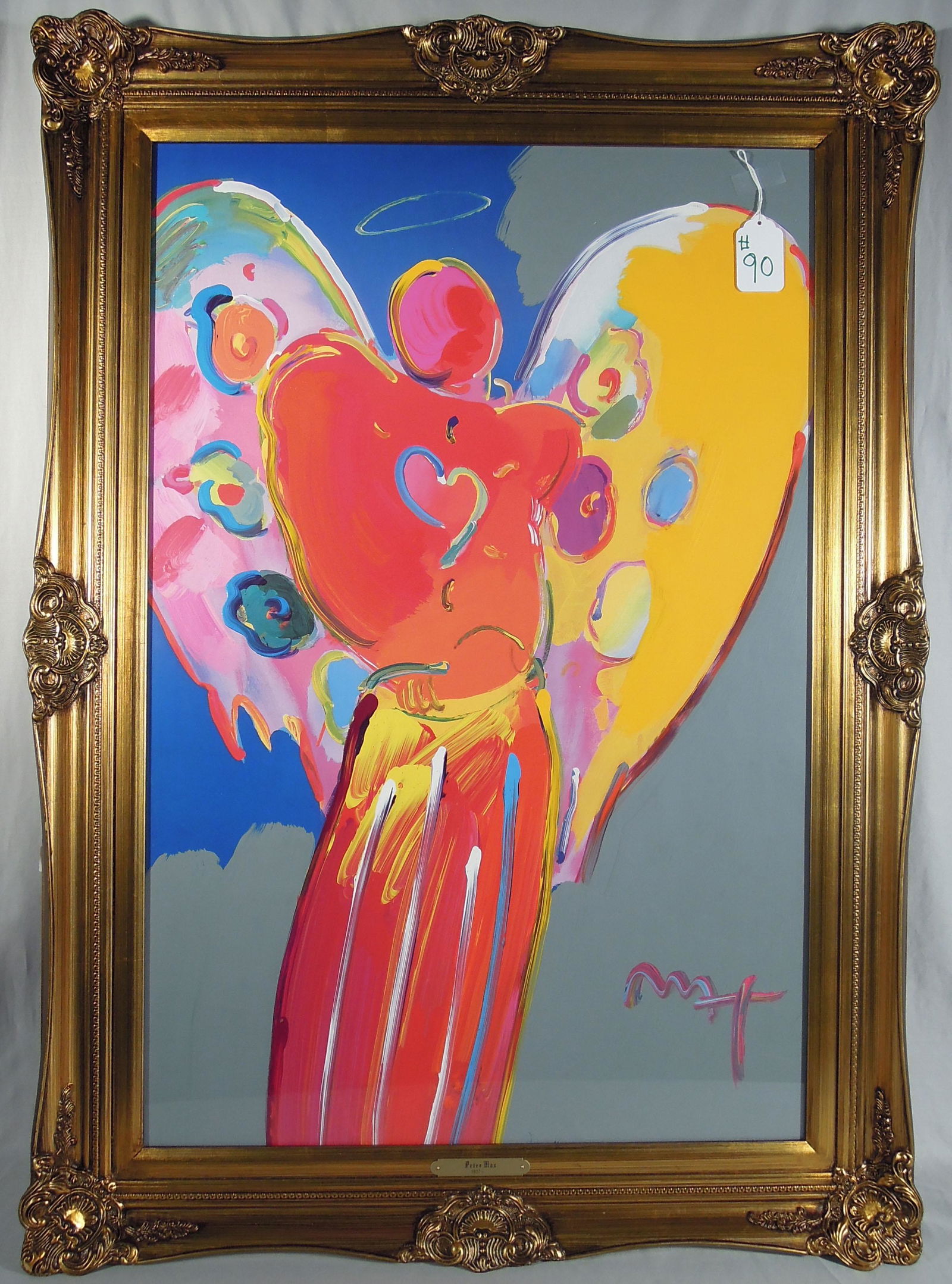 PETER MAX (1937- ) GERMAN: Large Mixed Media on paper with original paint "Angel with a Heart". Unique one of a kind art. Stamped with official Peter Max stamp on verso and hand signed & titled on front with registration number