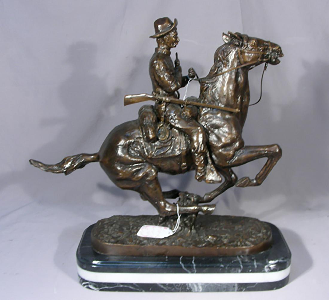 AFTER FREDERIC REMINGTON BRONZE SCULPTURE "TROOPER OF: Very fine detail. Brown patina. Signed. 21" high.