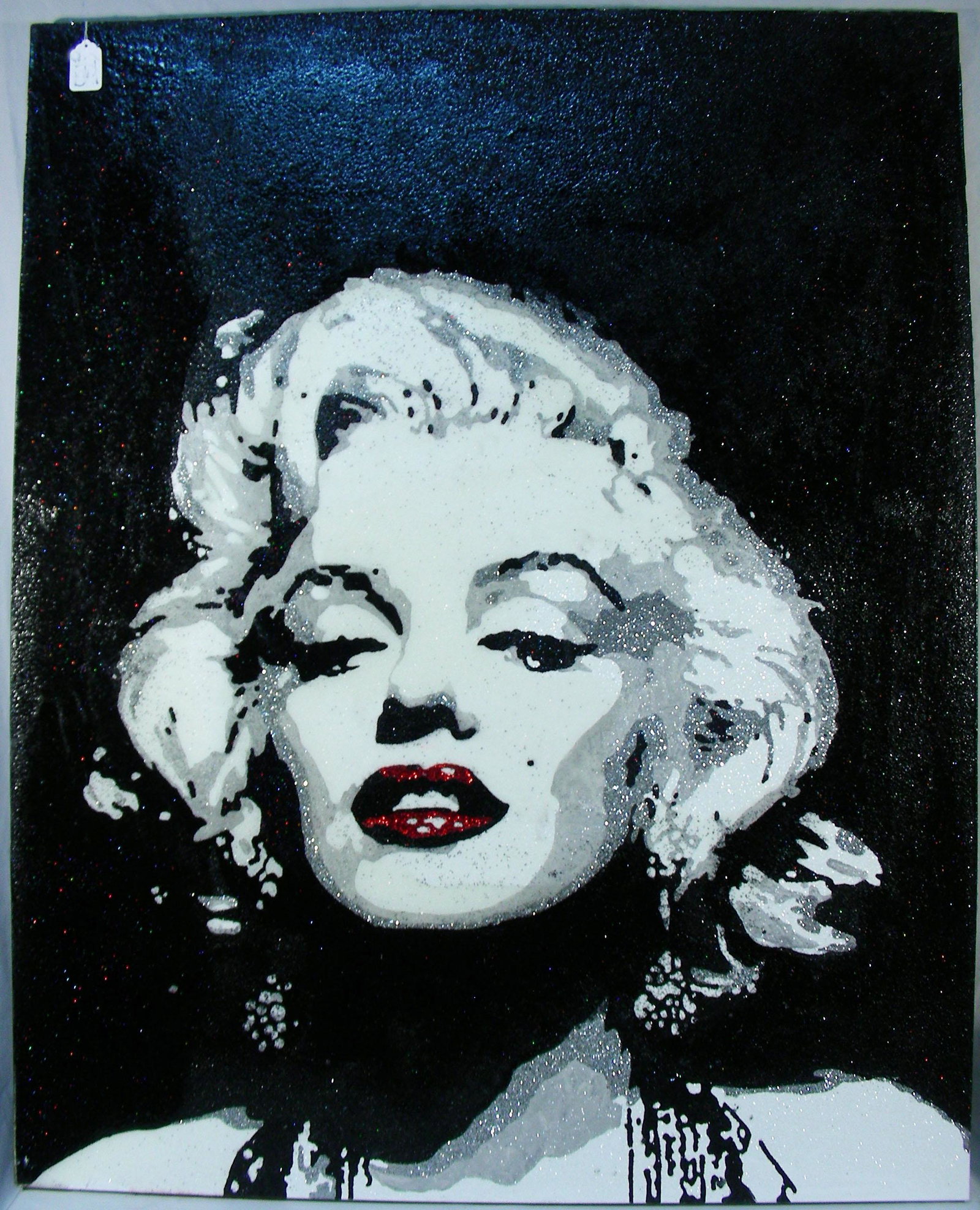 LARGE ORIGINAL POP ART OIL ON CANVAS "MARILYN MONROE": Black, white and silver coloration with applied glitter. Unframed. 5' x 4'.
